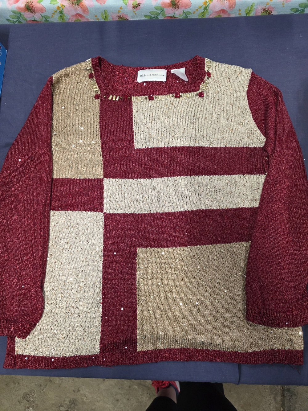 Alfred Dunner Women's Red and Gold Sparkle Knit Top
